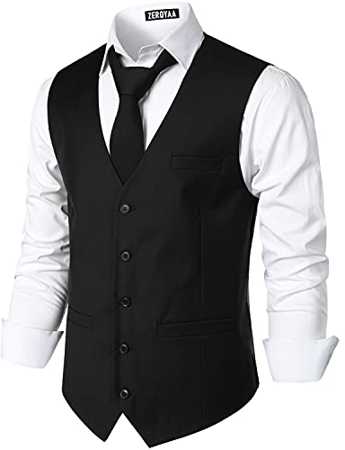 ZEROYAA Men's Hipster Urban Design 3 Pockets Business Formal Dress Vest for Suit Tuxedo ZLSV16 Black Medium - Image 2
