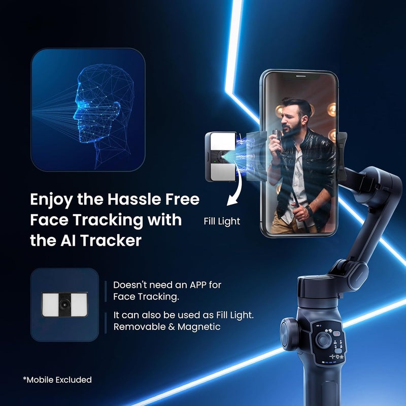 Digitek (DSG-009F AI) جيمبال هاتف ذكي ثلاثي المحاور مع زاوية واسعة وتتبع وجه بالذكاء الاصطناعي - قضبان تلسكوبية ودعم ميكروفون خارجي - خفيف الوزن ومتوافق مع الهواتف الذكية - Image 4