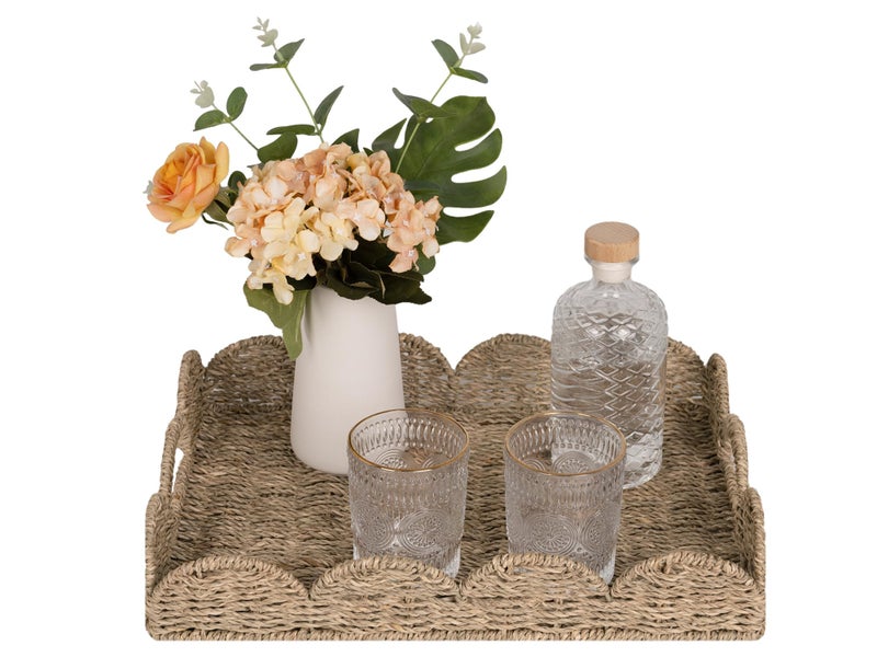 StorageWorks Rectangle Wicker Scalloped Tray, Rattan Serving Trays with Handles, Seagrass Basket for Decorative & Organizing, 15.75" L x 11.5" W x 2.75" H - Image 1