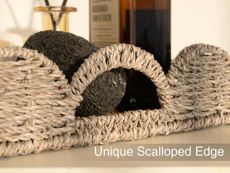 StorageWorks Rectangle Wicker Scalloped Tray, Rattan Serving Trays with Handles, Seagrass Basket for Decorative & Organizing, 15.75" L x 11.5" W x 2.75" H - Image 4
