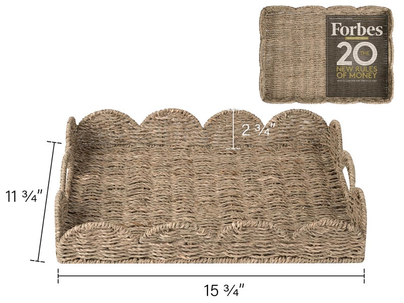 StorageWorks Rectangle Wicker Scalloped Tray, Rattan Serving Trays with Handles, Seagrass Basket for Decorative & Organizing, 15.75" L x 11.5" W x 2.75" H - Image 3