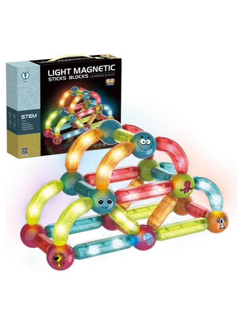 YOMNA - Glow In The Dark Magnetic Building Blocks Toy - 52 PCS Light-Up STEM Construction Set for Kids - Different Sizes & Curve Shaped - Ideal for Boys and Girls - Image 1