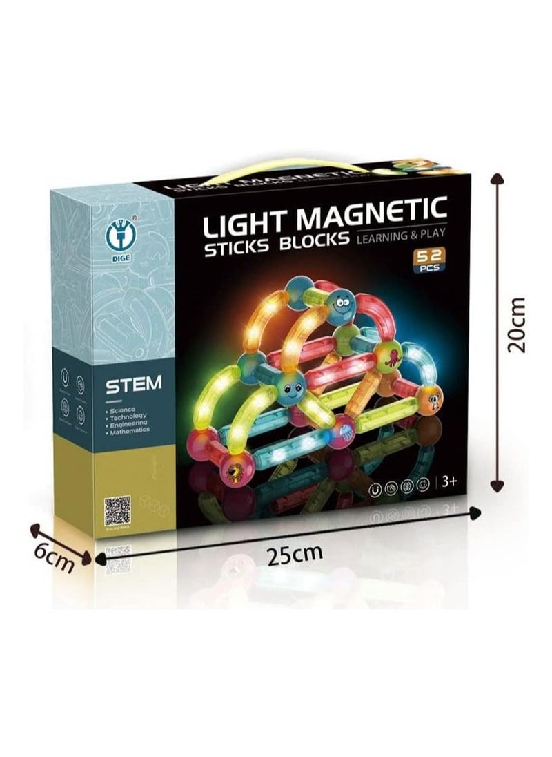 YOMNA - Glow In The Dark Magnetic Building Blocks Toy - 52 PCS Light-Up STEM Construction Set for Kids - Different Sizes & Curve Shaped - Ideal for Boys and Girls - Image 1