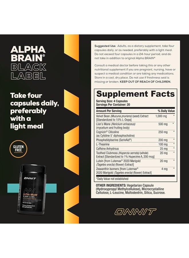 Onnit Alpha Brain Black Label Capsule (80ct) Premium Citicoline Brain Supplement - Focus, Concentration & Memory - Lion's Mane, Hericium Erinaceus, L Theanine & Mucuna Pruriens - Image 3