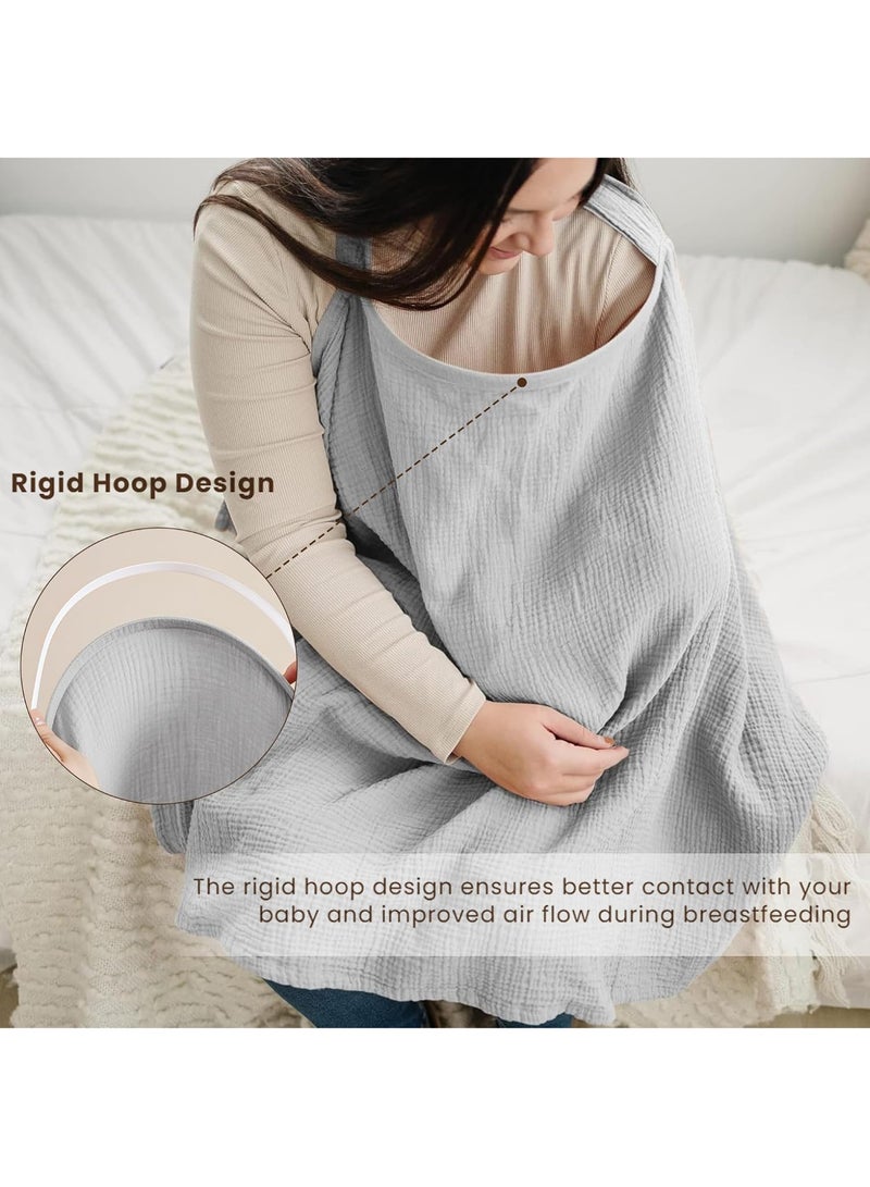 Gonice Muslin Nursing Cover for Baby Breastfeeding, Breathable 100% Cotton Breastfeeding Cover with Rigid Hoop for Mother Nursing Apron, Multi-use Carseat Canopy（Grey） - Image 5
