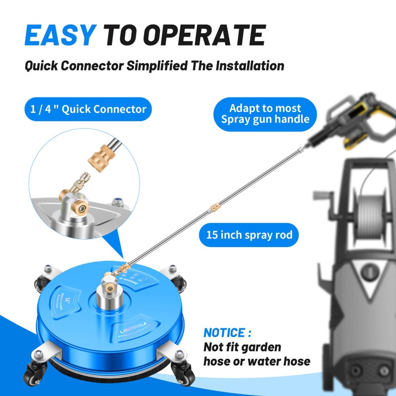 LidoDola 14" Pressure Washer Surface Cleaner with 4 Wheels - Coated Blue Stainless Steel Surface Cleaner for Pressure Washer Attachment for Concrete, Driveway, Patio, Sidewalk, Deck and Driveways - PWS14B - Image 5