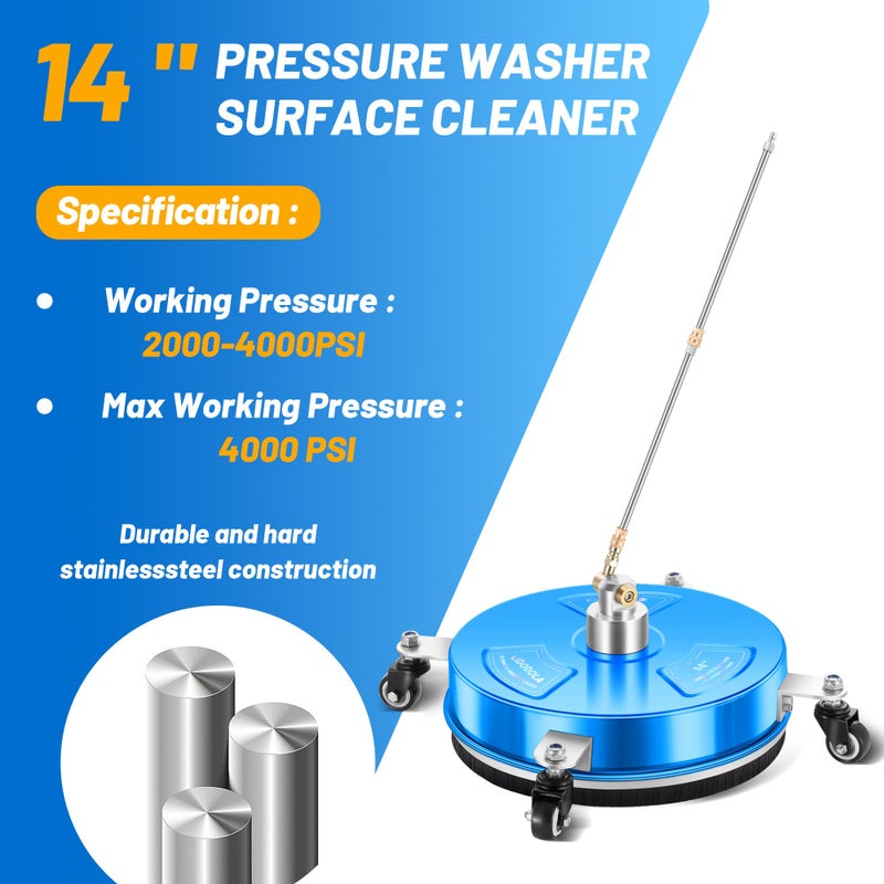 LidoDola 14" Pressure Washer Surface Cleaner with 4 Wheels - Coated Blue Stainless Steel Surface Cleaner for Pressure Washer Attachment for Concrete, Driveway, Patio, Sidewalk, Deck and Driveways - PWS14B - Image 3