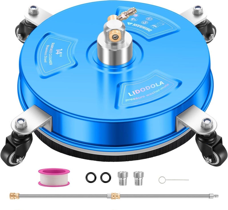 LidoDola 14" Pressure Washer Surface Cleaner with 4 Wheels - Coated Blue Stainless Steel Surface Cleaner for Pressure Washer Attachment for Concrete, Driveway, Patio, Sidewalk, Deck and Driveways - PWS14B - Image 1