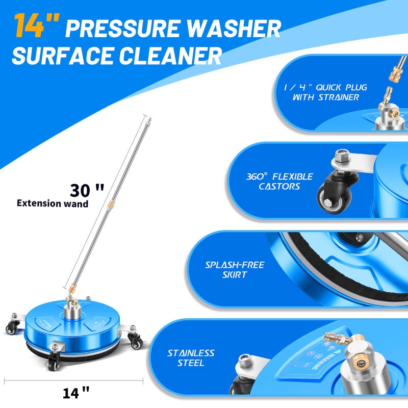 LidoDola 14" Pressure Washer Surface Cleaner with 4 Wheels - Coated Blue Stainless Steel Surface Cleaner for Pressure Washer Attachment for Concrete, Driveway, Patio, Sidewalk, Deck and Driveways - PWS14B - Image 2