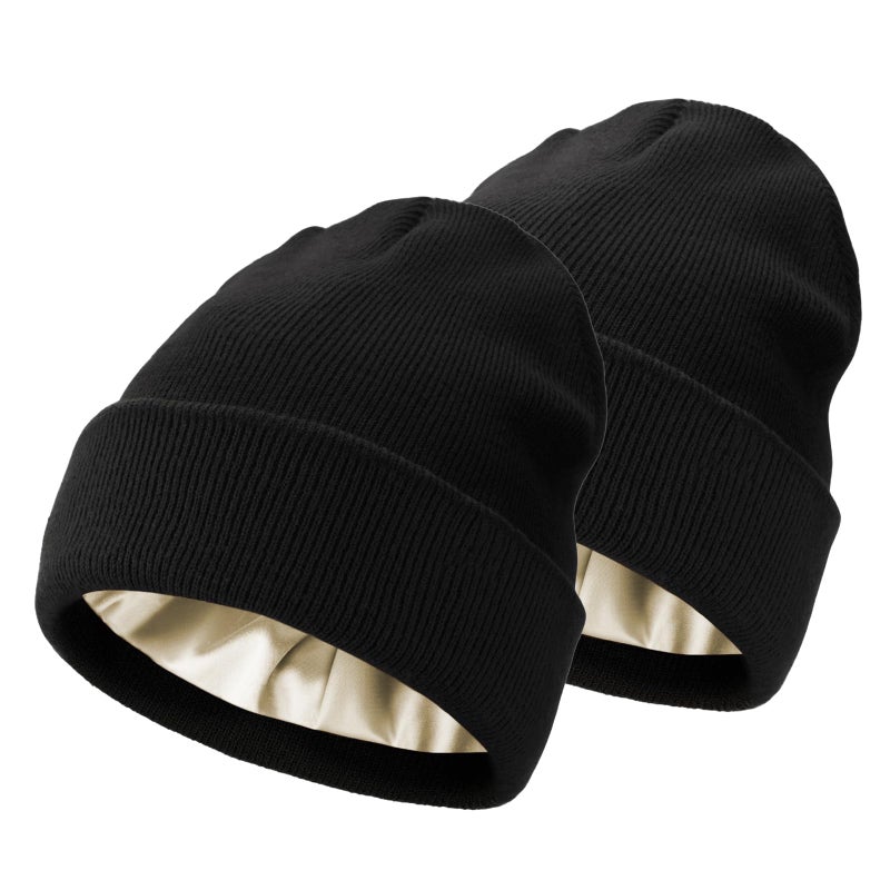 KaneLoo 2 PCS Unisex Beanie Hats for Men Women Winter Knit Satin Lined Beanies Silk Lining Soft Slouchy Warm Cuffed Beanie Hat Black Black - Image 1