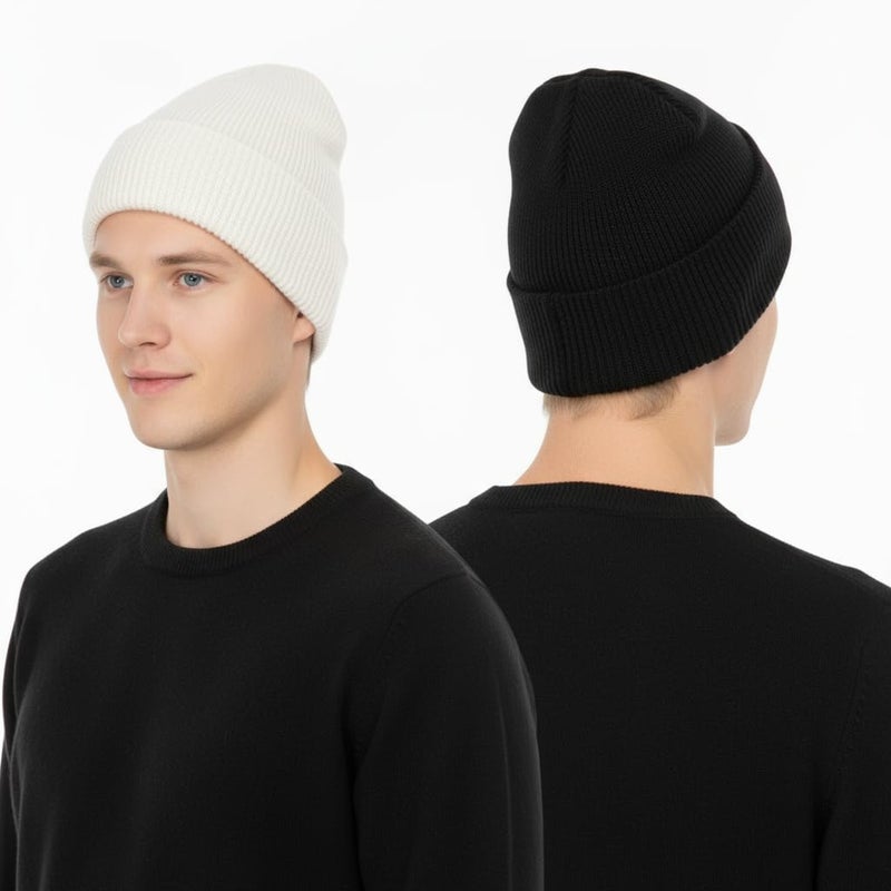 KaneLoo 2 PCS Unisex Beanie Hats for Men Women Winter Knit Satin Lined Beanies Silk Lining Soft Slouchy Warm Cuffed Beanie Hat Black Black - Image 4