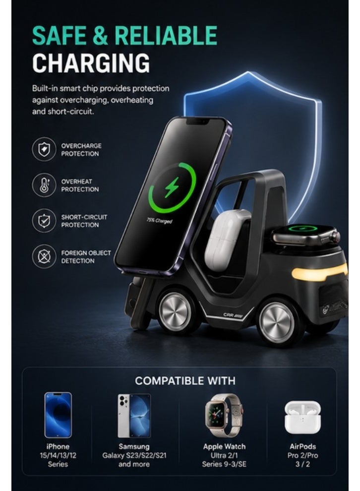 5 in 1 15W Fast Wireless Charging Station with Alarm Clock & Night Light – Compatible with iPhone, Samsung, Apple Watch, AirPods – Foldable Wireless Charging Stand - Image 1