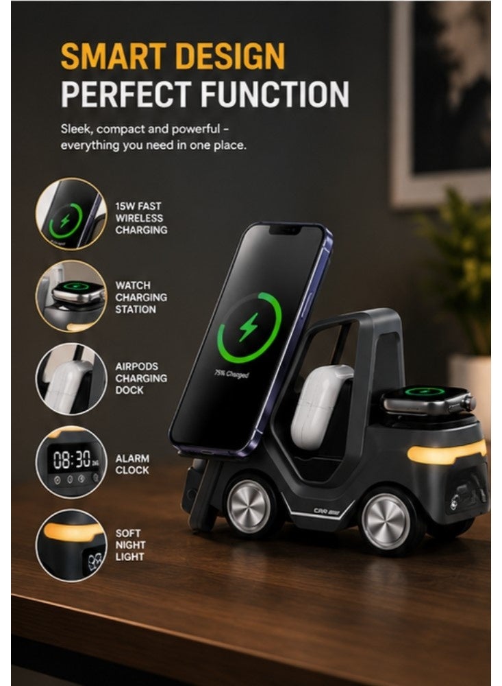 5 in 1 15W Fast Wireless Charging Station with Alarm Clock & Night Light – Compatible with iPhone, Samsung, Apple Watch, AirPods – Foldable Wireless Charging Stand - Image 2