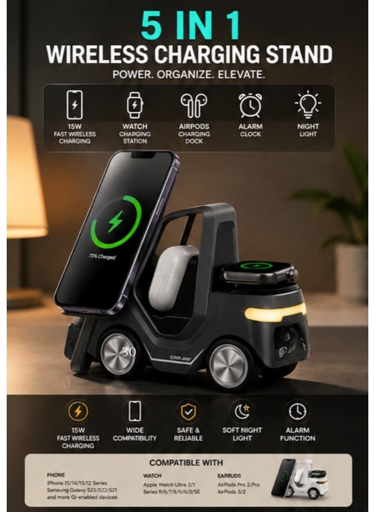 5 in 1 15W Fast Wireless Charging Station with Alarm Clock & Night Light – Compatible with iPhone, Samsung, Apple Watch, AirPods – Foldable Wireless Charging Stand - Image 4