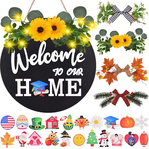 IDATOO Interchangeable Welcome Home Sign, Front Door Decor With 4 Seasonal Wreaths and 21 Changeable Icons, Rustic Wood Wall Porch Hanger for Holiday Halloween Christmas Housewarming Gift (Black) - Image 1