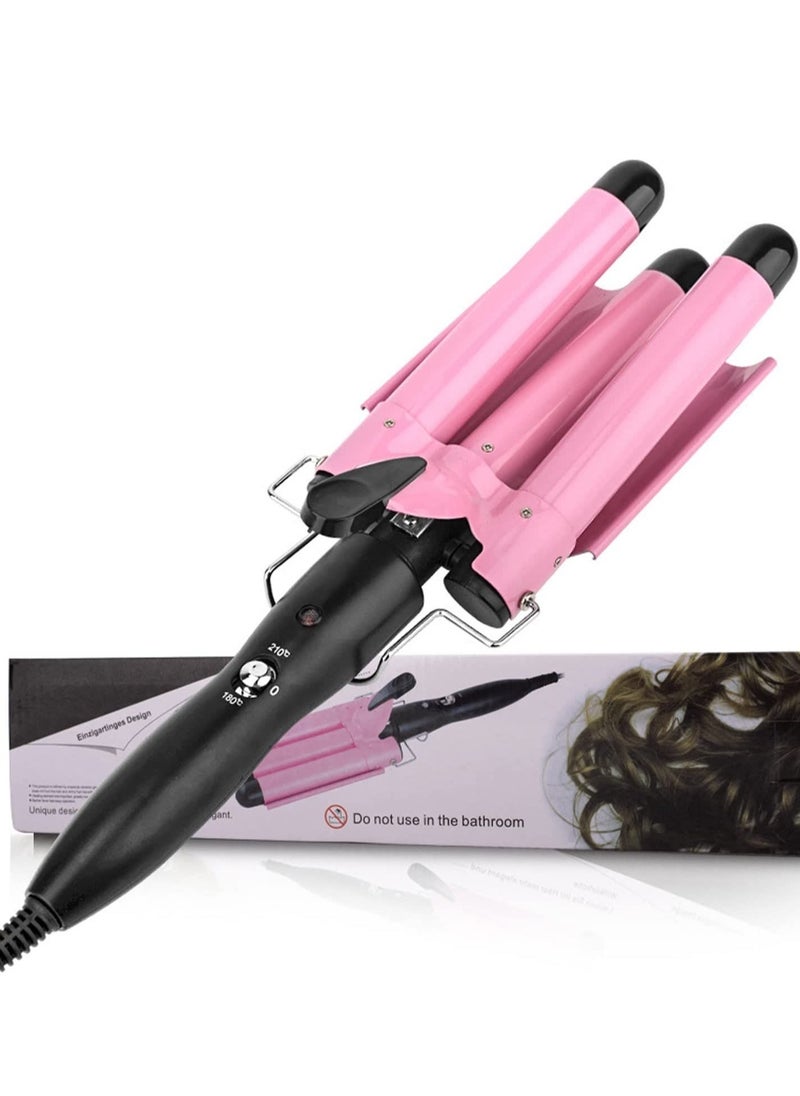 ELTRAZONE 3 Barrel Curling Iron,1 inch Triple Three Barrel Hair Waver Mermaid Beach Waves Curling Wand Ceramic Tourmaline Temperature Adjustable Curler Irons,Hair Crimper Fast Heating Curling Wand (Pink)  - Image 1