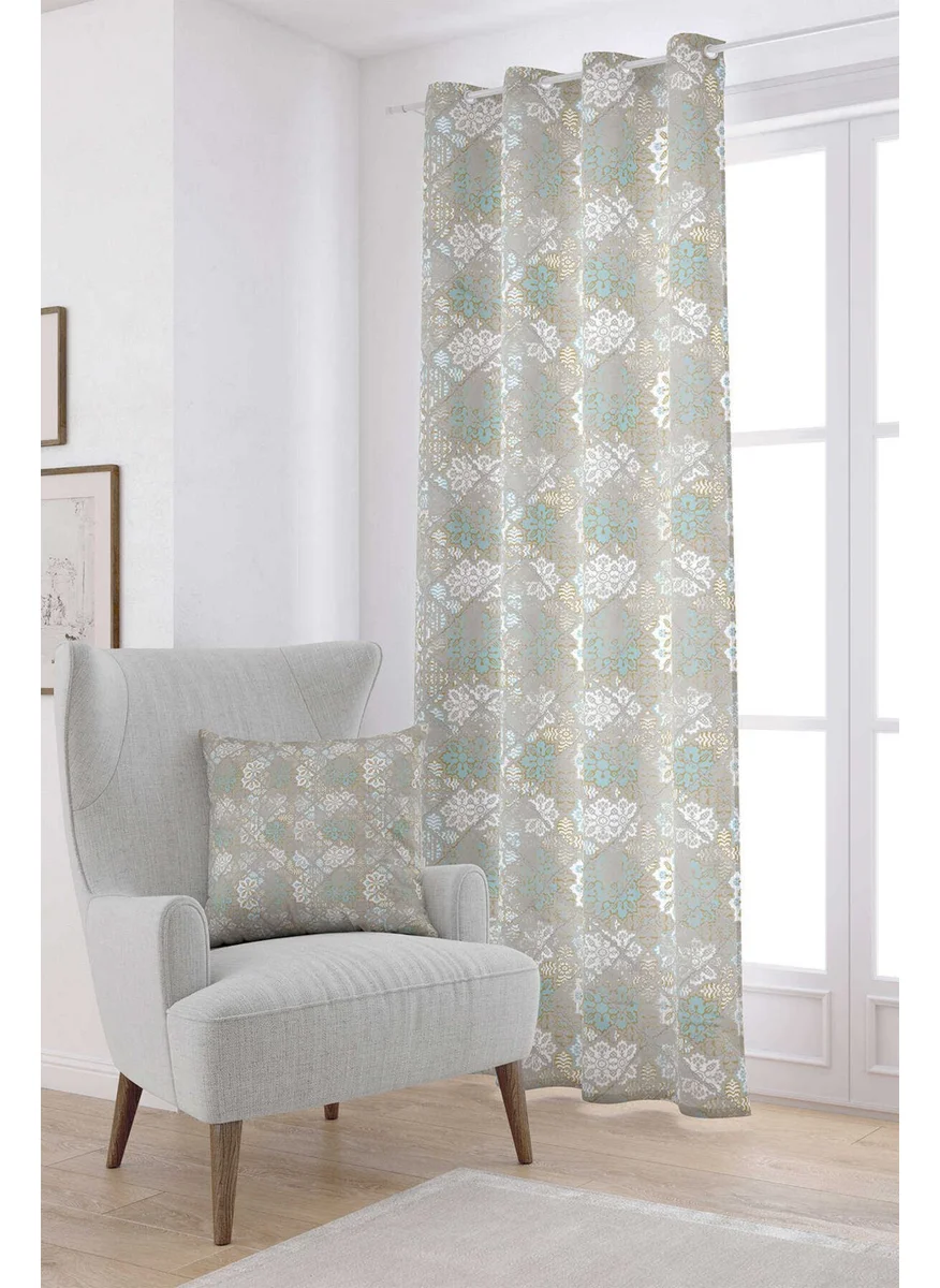 Cango Home Turquoise White Ethnic Floral Digital Printed Curtain CGH085-PR