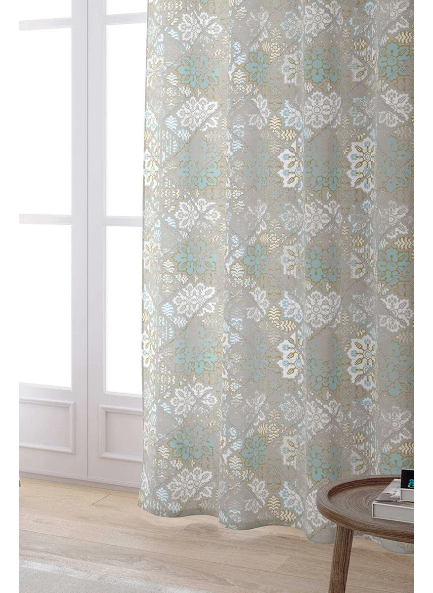 Cango Home Turquoise White Ethnic Floral Digital Printed Curtain CGH085-PR