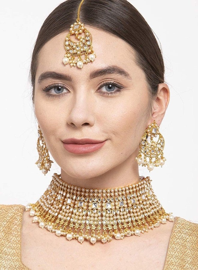 Aheli Faux Kundan Pearl Choker Necklace with Earrings Indian Traditional Bollywood Bharatanatyam jewellery Set Gift for Women (White) - Image 3