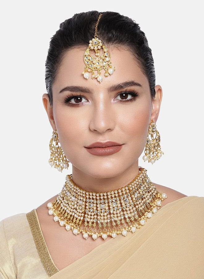 Aheli Faux Kundan Pearl Choker Necklace with Earrings Indian Traditional Bollywood Bharatanatyam jewellery Set Gift for Women (White) - Image 2