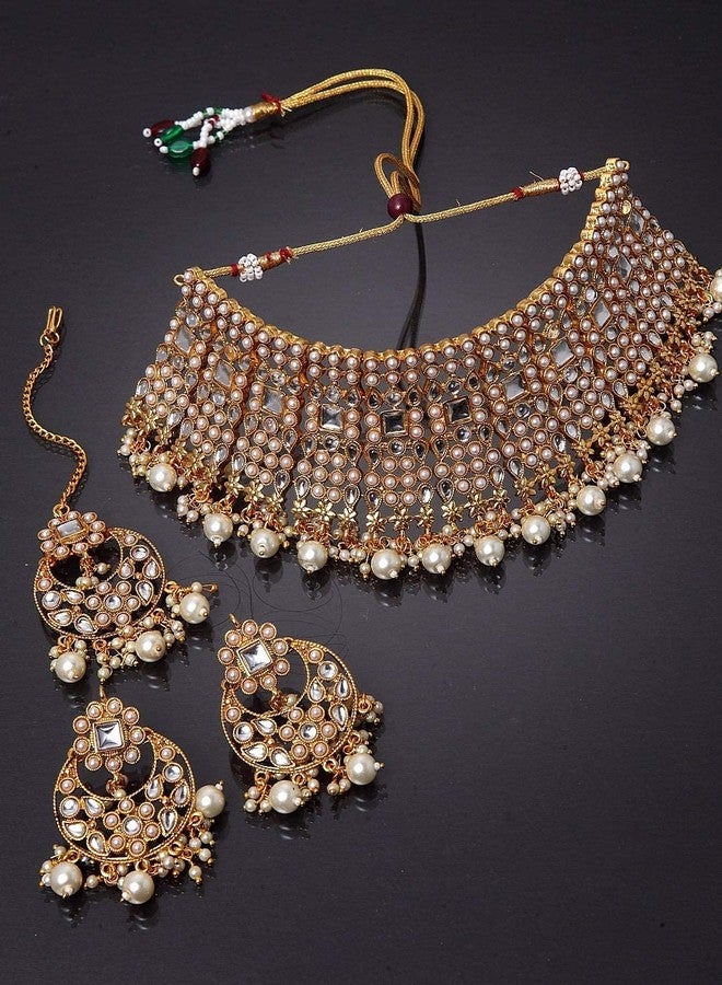 Aheli Faux Kundan Pearl Choker Necklace with Earrings Indian Traditional Bollywood Bharatanatyam jewellery Set Gift for Women (White) - Image 4