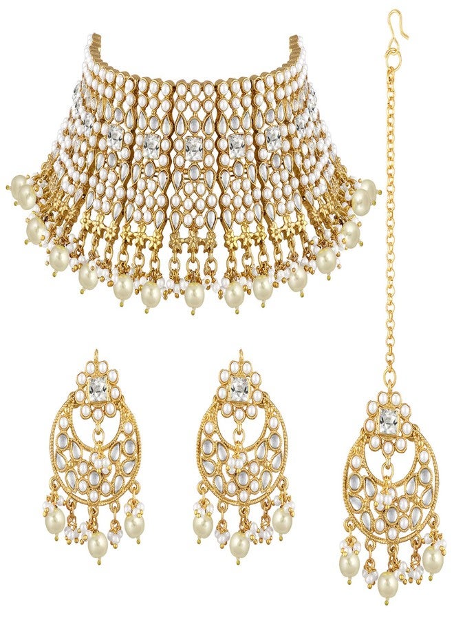 Aheli Faux Kundan Pearl Choker Necklace with Earrings Indian Traditional Bollywood Bharatanatyam jewellery Set Gift for Women (White) - Image 1