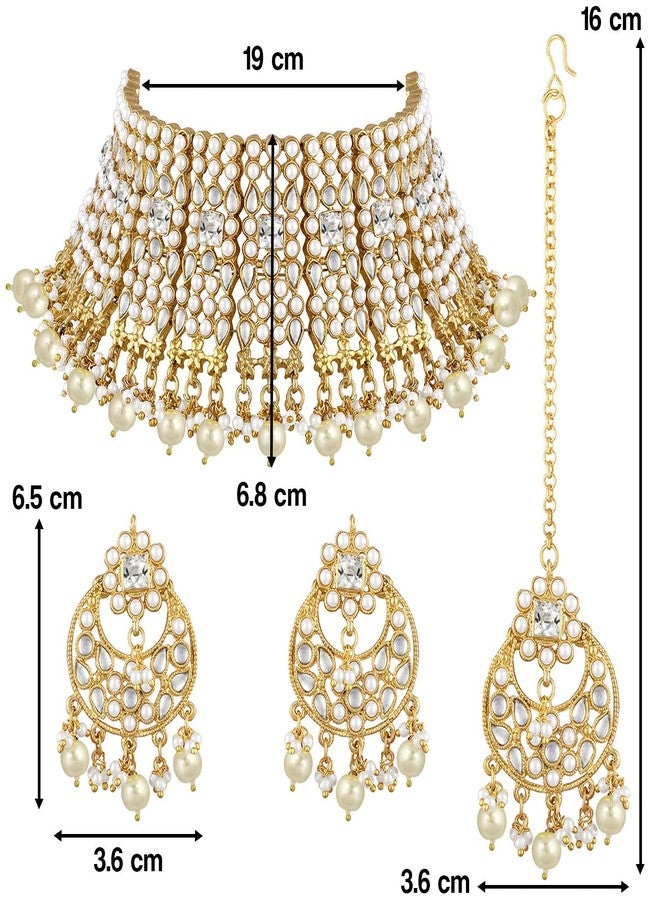 Aheli Faux Kundan Pearl Choker Necklace with Earrings Indian Traditional Bollywood Bharatanatyam jewellery Set Gift for Women (White) - Image 5