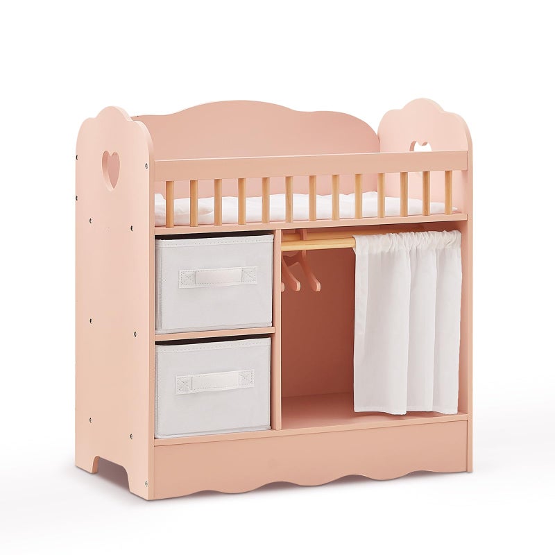 OOOK Baby Doll Crib Wooden Baby Doll Bed and Changing Table Dollhouse Furniture with Two Storage Box Bedding and Coat Hangers Nursery Playset Suitable for Dolls Under 22 Inches Pink - Image 3