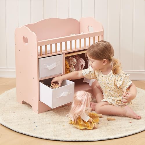 OOOK Baby Doll Crib Wooden Baby Doll Bed and Changing Table Dollhouse Furniture with Two Storage Box Bedding and Coat Hangers Nursery Playset Suitable for Dolls Under 22 Inches Pink - Image 5
