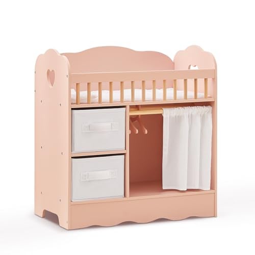 OOOK Baby Doll Crib Wooden Baby Doll Bed and Changing Table Dollhouse Furniture with Two Storage Box Bedding and Coat Hangers Nursery Playset Suitable for Dolls Under 22 Inches Pink - Image 1