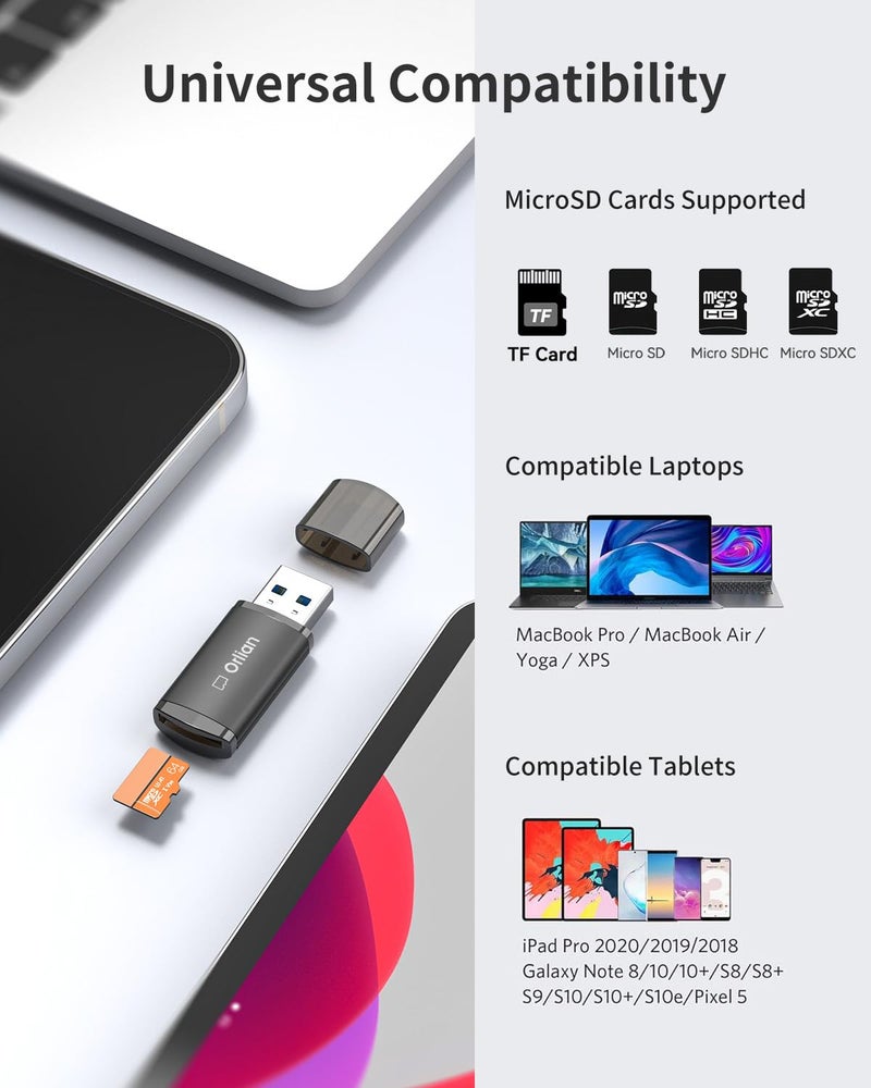 Orlian USB 3.0 Micro SD Card Reader, 5Gbps Speed SD Card Adapter, Menory Card Reader Compatible with Windows, MAC MacBook Pro/Air, Android and More, Black - Image 2