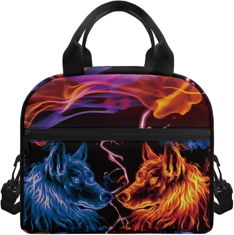 HUIACONG Cool Boys Lunch Bag Blue Red Flame Wolf Lunchbag for Young Men Tote Lunch Bag with Adjustable Shoulder Strap Kids Bento Food Organizer - Image 1