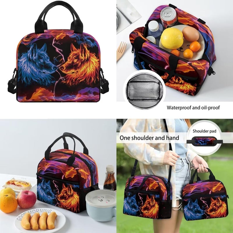 HUIACONG Cool Boys Lunch Bag Blue Red Flame Wolf Lunchbag for Young Men Tote Lunch Bag with Adjustable Shoulder Strap Kids Bento Food Organizer - Image 4