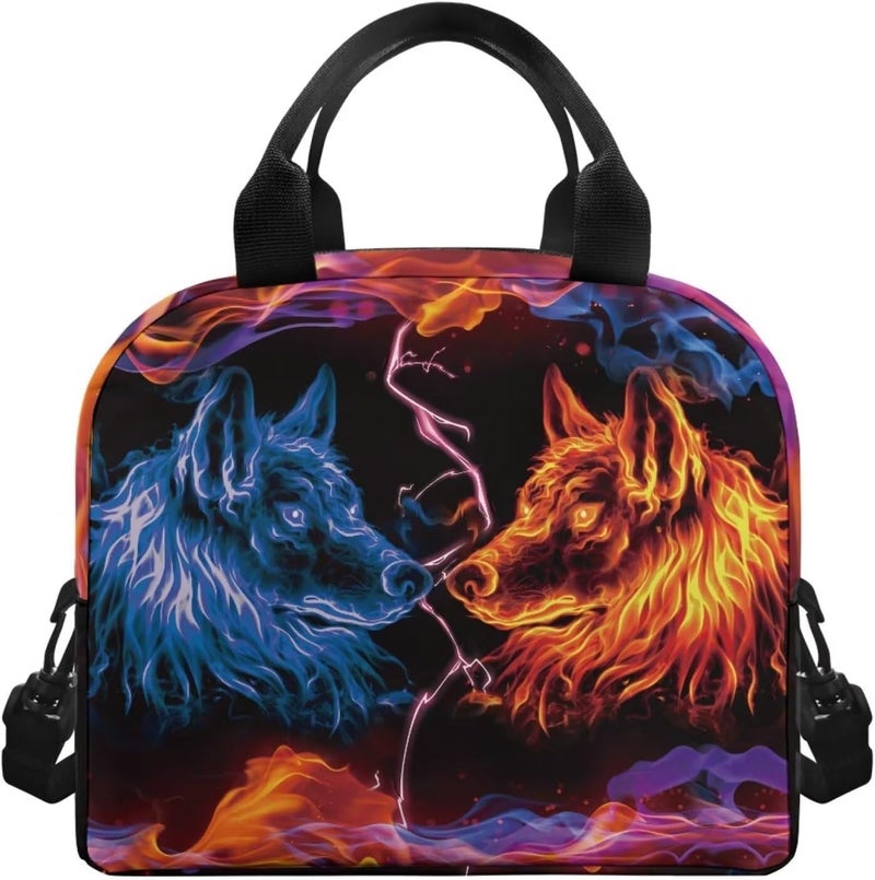 HUIACONG Cool Boys Lunch Bag Blue Red Flame Wolf Lunchbag for Young Men Tote Lunch Bag with Adjustable Shoulder Strap Kids Bento Food Organizer - Image 2