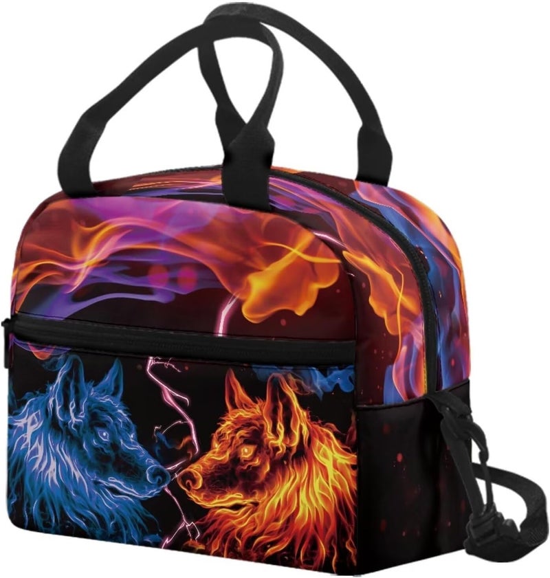 HUIACONG Cool Boys Lunch Bag Blue Red Flame Wolf Lunchbag for Young Men Tote Lunch Bag with Adjustable Shoulder Strap Kids Bento Food Organizer - Image 3