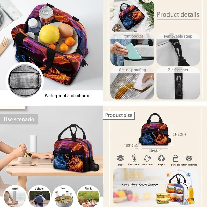 HUIACONG Cool Boys Lunch Bag Blue Red Flame Wolf Lunchbag for Young Men Tote Lunch Bag with Adjustable Shoulder Strap Kids Bento Food Organizer - Image 5