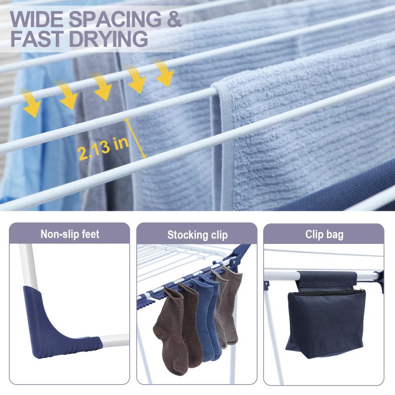 APEXCHASER Clothes Drying Rack Foldable - Drying Rack Clothing Large Space, Winged Laundry Rack with Sock Clips for Hanging Towels Clothes Dress Bedding Indoor Outdoor, White - Image 4