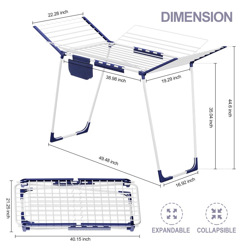 APEXCHASER Clothes Drying Rack Foldable - Drying Rack Clothing Large Space, Winged Laundry Rack with Sock Clips for Hanging Towels Clothes Dress Bedding Indoor Outdoor, White - Image 2