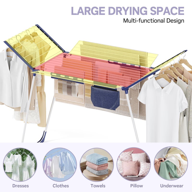 APEXCHASER Clothes Drying Rack Foldable - Drying Rack Clothing Large Space, Winged Laundry Rack with Sock Clips for Hanging Towels Clothes Dress Bedding Indoor Outdoor, White - Image 3