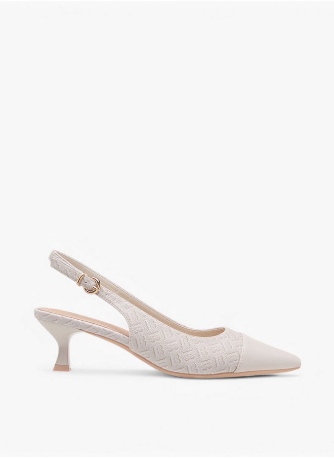 Flora Bella By Shoexpress Women's Monogram Print Pointed Toe Slingback Shoes with Kitten Heels  - Image 3