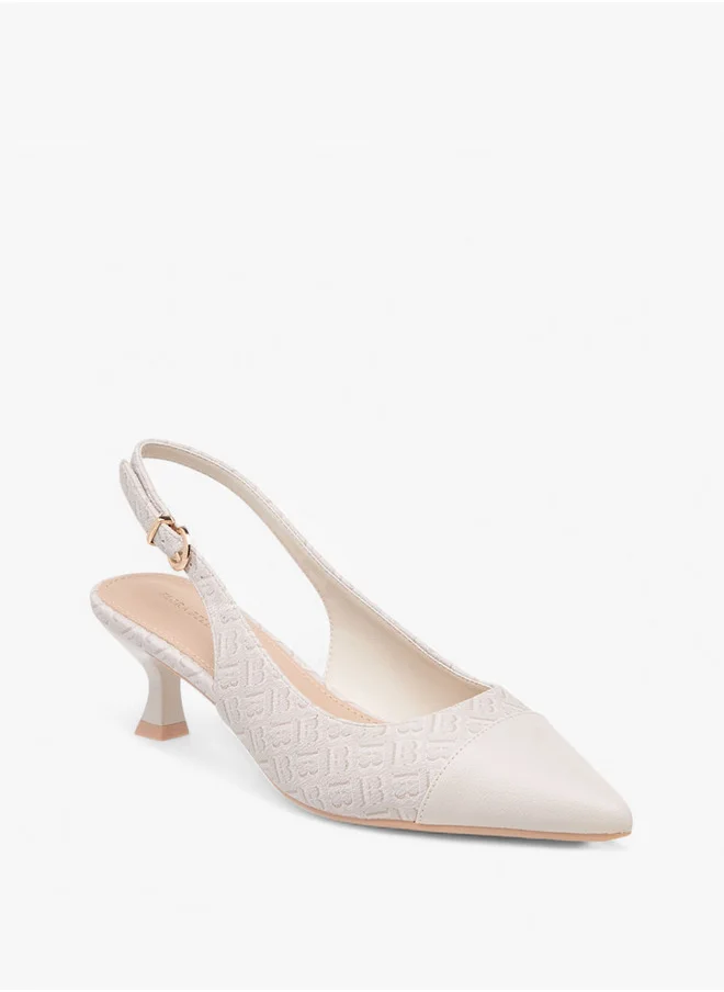 Flora Bella By Shoexpress Women's Monogram Print Pointed Toe Slingback Shoes with Kitten Heels
