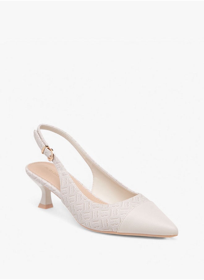 Flora Bella By Shoexpress Women's Monogram Print Pointed Toe Slingback Shoes with Kitten Heels  - Image 2