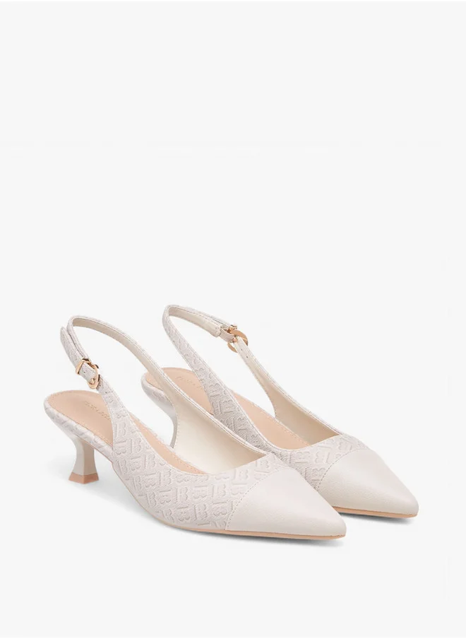 Flora Bella By Shoexpress Women's Monogram Print Pointed Toe Slingback Shoes with Kitten Heels