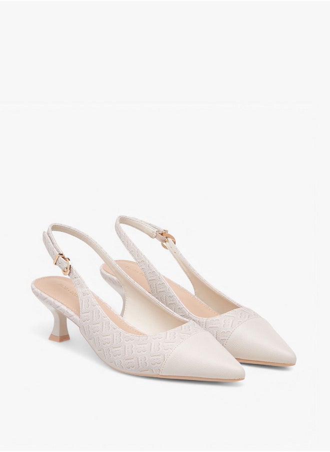 Flora Bella By Shoexpress Women's Monogram Print Pointed Toe Slingback Shoes with Kitten Heels  - Image 1