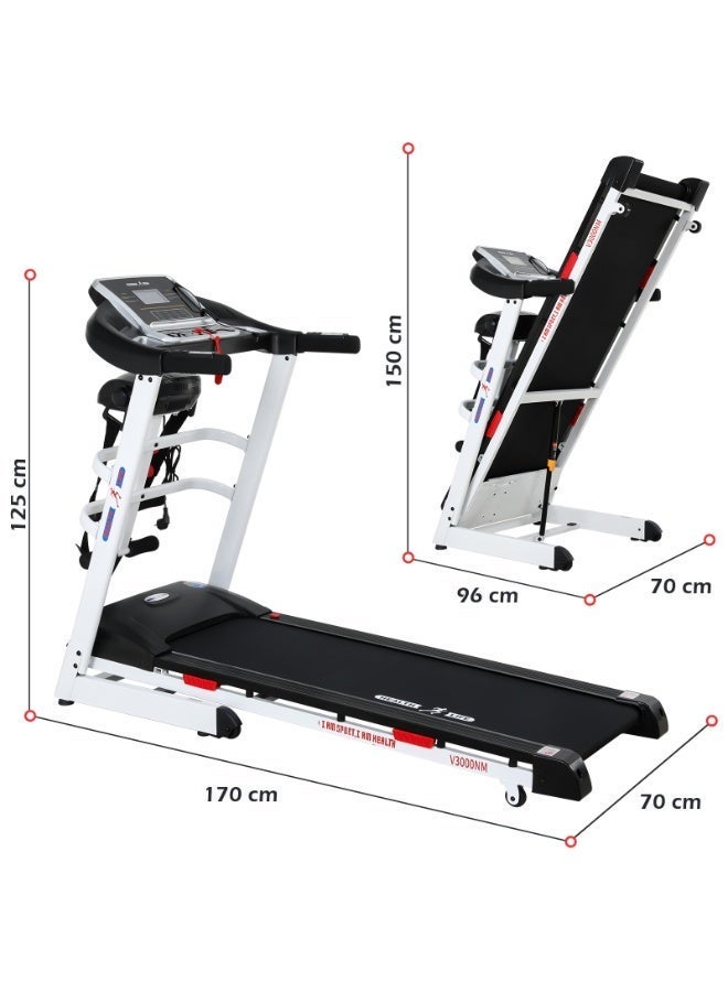 Health Life V3000NM-Foldable Multi-function Motorized Treadmill DC Motor 3.0HP LCD Display 120KG, Black & White - Image 2
