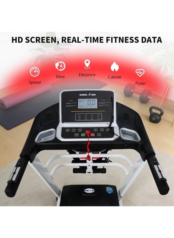 Health Life V3000NM-Foldable Multi-function Motorized Treadmill DC Motor 3.0HP LCD Display 120KG, Black & White - Image 5