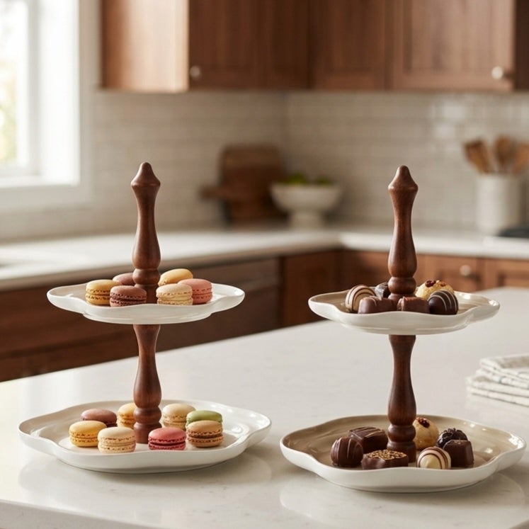2-tier porcelain stand with wooden frame