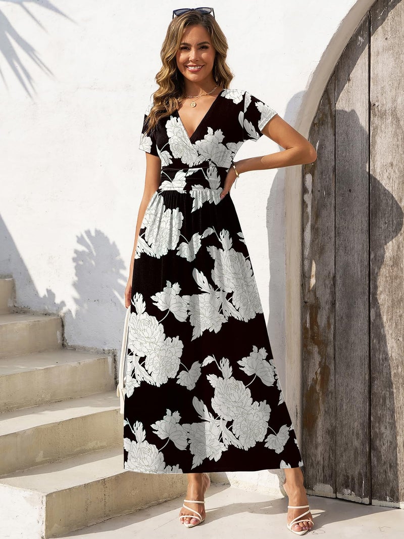 Gracyoga Womens Summer Dresses Fall Midi Dress Empire Waist Vintage V Neck Casual Long Sundress Dinner Outfit Black White Floral L - Image 5