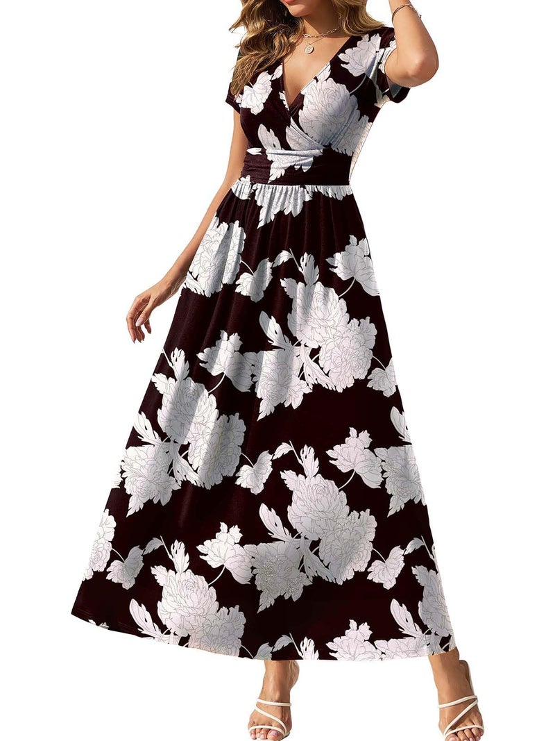 Gracyoga Womens Summer Dresses Fall Midi Dress Empire Waist Vintage V Neck Casual Long Sundress Dinner Outfit Black White Floral L - Image 1