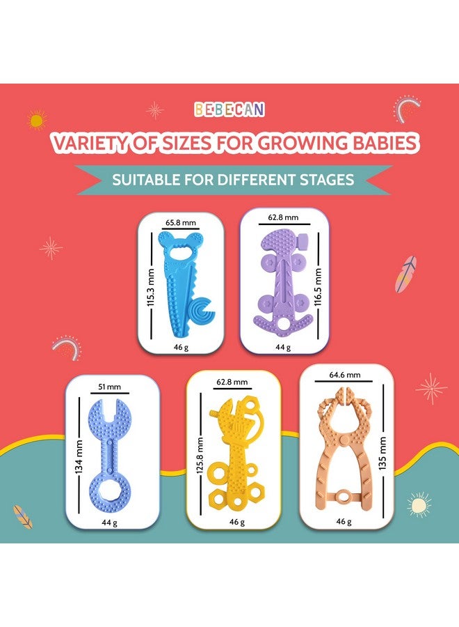 BEBECAN Teething Tools Teether for Baby - 5 Premium Food-Grade Silicone Baby Boy Teething Toys, 2 Straps for Safety and Travel Bag Tool Toys Provide Soothing Relief and Healthy Development. - Image 5